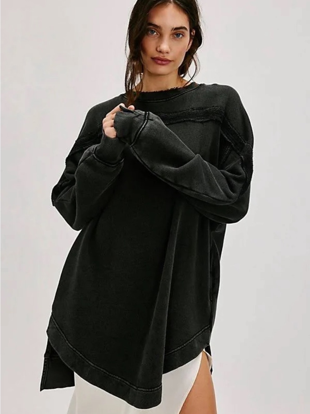 Free People Taylor Sweatshirt Black Oversized Crewneck Tunic Side Slit Small New